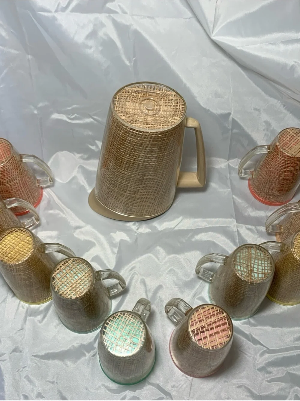 MCM Raffiaware Thermo-Temp Insulated 1 Pitcher 10 Handle Tumblers Burlap VTG